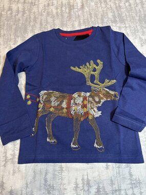 NWOT Mini Boden Blue Embroidered Reindeer Long Sleeve Tee 5-6Y